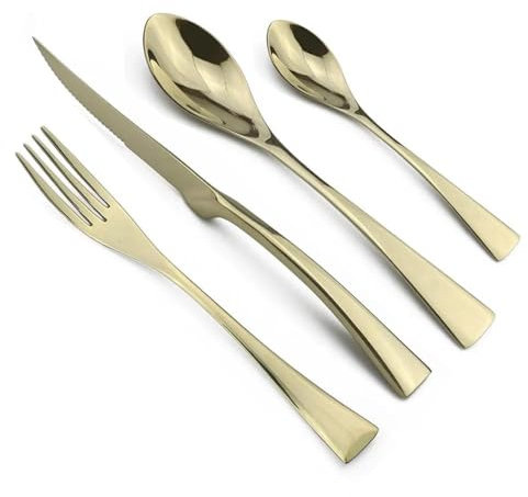 Ménagère de 16 pièces en acier inoxydable - Vaisselle de cuisine - Fourchette - Couteau à steak - Cuillère à thé - Champagne doré