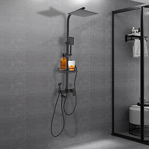 Duschsystem mit Thermostat Duscharmatur Schwarz/Silber Regendusche Duschset Brausegarnitur mit 4 Funktionen, Duschpaneel aus Edelstahl mit Mischbatterie (Schwarz)