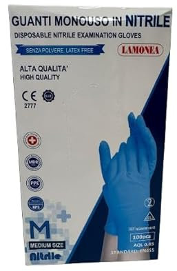 LAMONEA - 100 Guanti Azzurri Monouso in nitrile AQL 0,65 - Certificato CE - Senza Polvere di Alta Qualità confezione da 100 pezzi (taglia M) - NGBEM10015