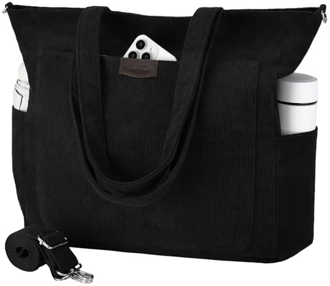 Chase Chic Bolso Mujer, Pana Bolso Bandolera Mujer Grande Tote Bag Universidad Casual Bolsa Ordenador Portátil Shopper Hombro para Viaje Trabajo Oficina Escolares Adolescentes, Negro