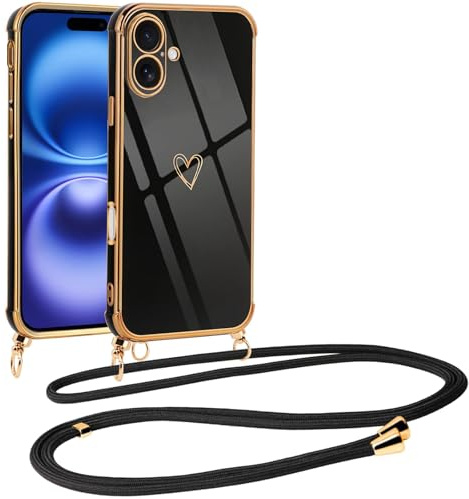 Vauki Coque pour iPhone 16 Plus avec Cordon de Collier, Galvanisé Etui Housse avec Motif Coeur d'amour, Antichoc Anti-Rayures Case avec Bandoulière pour iPhone 16 Plus 6.7, Noir