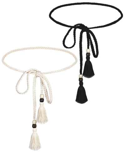 LOZTBUE 2 Stück Damengürtel, Geflochtener Quastenkettengürtel, Kleidergürtel Geflochtener Quastengürtel mit Kleid-T-Shirt-Tunika-Set (Schwarz und Beige)