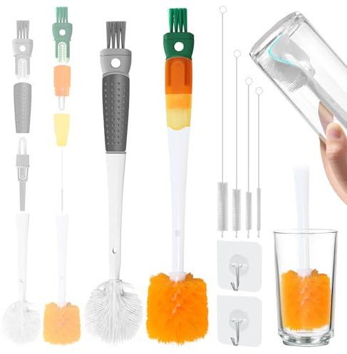Cepillo para botellas 5 en 1 con mango largo, 2 cepillos multifuncionales, cepillo de limpieza, limpiador de botellas con cepillo de limpieza para botellas de cristal, biberones estrechos