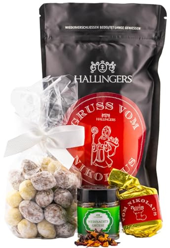 Hallingers Genuss Manufaktur Feinkost Weihnachts-Geschenk-Set - wertig in der Wundertüte Gruß vom Nikolaus kleines Mitbringsel Nougat-Busserl, Nougatmandeln & Xmas-Tee, Weihnachten für Frauen Männer