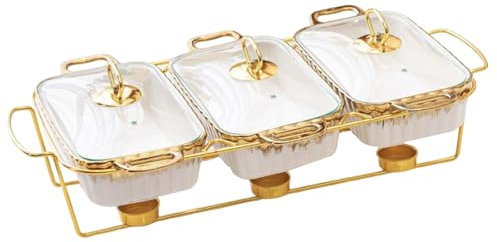 Ceramics Chafing Dish Buffet Set,Warming Trays for Food,with Glass Lid,Stainless Steel Stand for Buffet Weddings Parties Banquets(White)
