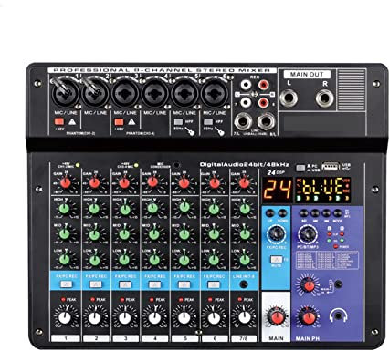 MRKU Mezclador de Audio, 6 mezcladores portátiles Profesionales, Consola de Mezcla de Sonido, Entrada de computadora, Fuente de alimentación de 48 V, transmisión en Vivo, Calidad de Audio A6