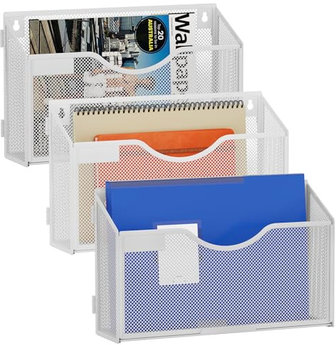 EasyPAG 3 fickor landskapsmontering A4 nät väggorganiserare hängande väggmonterad filhållare postorganiserare tidning dokumentförvaring, paket med 3, vit