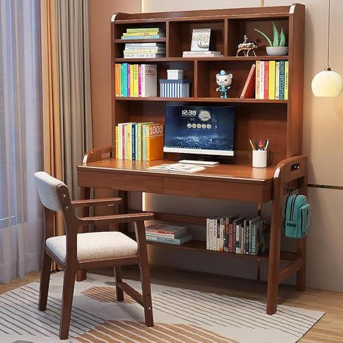 Bureau d'étude réglable en bois massif pour enfants avec tiroir de rangement et clapier, idéal pour la maison et l'école, couleur noyer, 73,7 x 63,7 cm, 73,7 cm.