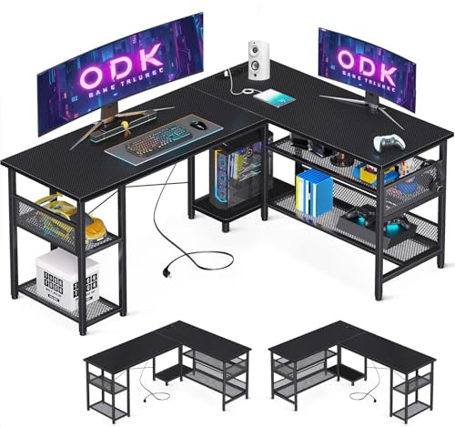 ODK Bureau d'angle Réversible, 150×102 cm Bureau Gaming avec 2 Prises, 2 Ports USB et Grand Espace de Rangement, Noir de Carbone