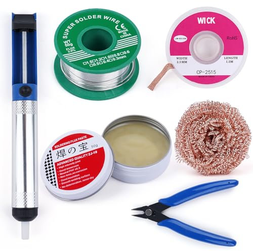Nadinsta 0.8mm Solder Wire, 50g Flux Soldering Paste, Solder Wick, Solder Sucker,Solder Tip Cleaner, Micro Shear Wire Cutter Pliers, 6 Pcs Solder Removal Tool Set for Electronic Components Soldering