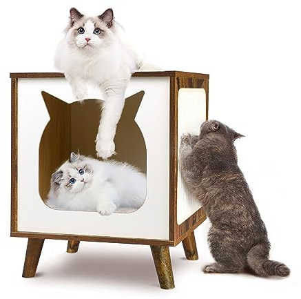 Cat House Wooden Cat Condo Cube Shaped,Modern Cat Bed Side Table & Nightstand,Cat Shelter Furniture with Cushion Cat Scratch Pad,Brown