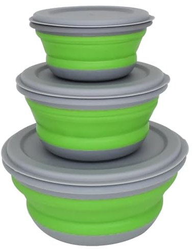 Collapsible Silicone Camping Bowl Set, 3-Piece, BPA-Free, Portable Travel Bowls with Lids, Small/Medium/Large (Green)