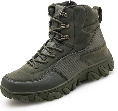 Mäns Utomhus Mid Top Taktiska Militära Stövlar Snörning Vandringskängor Med Sidodragkedja Ökenkängor Träningsskor A03, Green, 5.5 UK