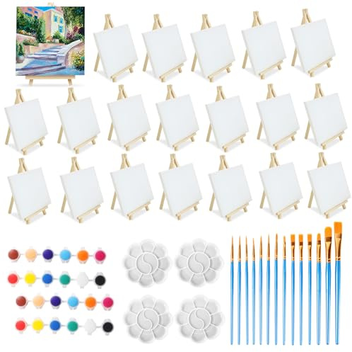 82 Stück Mini-Leinwand und Staffelei-Set, einstellbares Leinwand-Mal-Set, 20 Staffeleien mit 20 Leinwänden, 14 Pinseln, 4 Paletten und 24 Acrylfarben, Zeichenständer-Set für Zeichnung, Ölmalerei