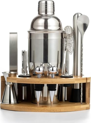Cocktail Shaker Set Bartender Kit, Bar Set with Bamboo Stand 12 Piece Bartending Tools 750ml Professional Stainless Steel Martini Shaker with Mocktail Recipes Booklet