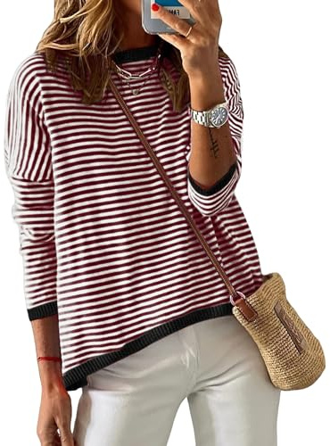 Wayleb Jersey Mujer Otoño Cuello Redondo Manga Larga Rayas Camiseta Casual Oversize Sweater Sudadera Mujer Sin Capuch