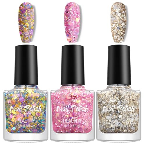 3 st glitter nagellack set, glänsande snabbtorkande långvarig giftfri nagelpolering, giftfri vattenbaserat nagellack för gör-det-själv nybörjare nagelkonst manikyrsalong, färg nagellack