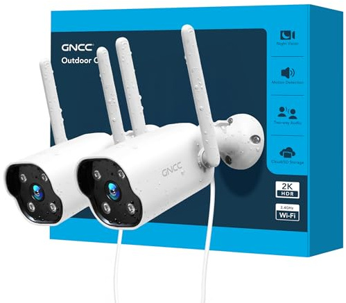GNCC GT1PRO Kit 2 Telecamere Wi-Fi Esterno 2K, Fisso Videocamera Sorveglianza, IP65, Visione Notturna IR, Rilevamento Movimento, Audio Bidirezionale, 24/7, 2.4G, Notifiche APP, Compatibile con Alexa