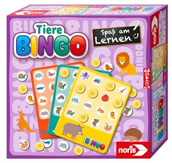 Noris djur Bingo – identifiera och tilldela djur, med 6 bingo-paneler, 26 djurskivor, 69 chips, tygpåsar och instruktioner på 4 språk, pedagogiskt spel från 4 år