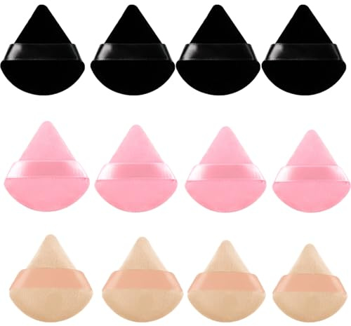 12 PCS Triangle Powder Puff,Reusable Face Makeup Puff,Reusable Velour Cosmetic Foundation Sponge For Loose Powder (Black,Pink, Skin Tone)