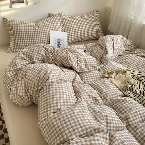 Michorinee Housse de Couette Vichy 200x200 Marron avec 2 Taies d'oreiller 65x65 cm - Parure de Lit Adulte 2 Personnes en Microfibre - Linge de Lit à Carreaux avec Fermeture Éclair