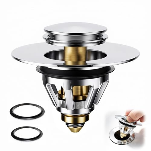 Tapon Lavabo Click Clack Universal 34-38 mm, Tapón Bañera de Desagüe Latón Cromado con Colador y Junta Estanca Anti-Fuga, Antióxido y Antiolor para Lavamanos - Desmontable, Fácil de Limpiar