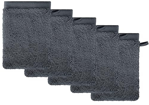 herzbach home Premium - Set di 5 guanti da bagno Pura, 100% cotone, extra morbidi, colore: antracite