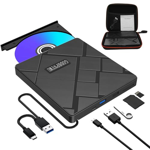 GODBPNYMU External CD/DVD Drive, USB-C/USB 3.0 CD Burner DVD Player, Compatible with MacBook, iMac, Windows 11/10/8/7 laptops and PCs, Portable disc Reader with Carrying case