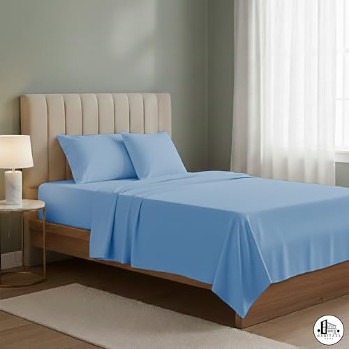 Lenzuola letto francese - Set completo lenzuola una piazza e mezza Sopra, Sotto con Angoli e Federe - Lenzuola matrimoniali cotone blend Anallergico e Antiacaro Made in Italy (Celeste, FRANCESE)