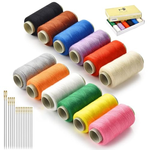 Kit de hilos de coser de 12 colores, 402 carretes de hilo de poliéster con kit de agujas de coser, hilos redondos para tejer el cabello, hilo de extensión de cabello, 350 yardas por hilo, carretes