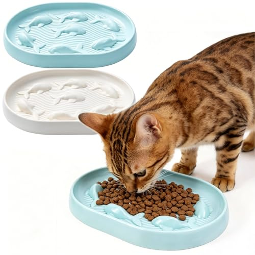 2 Stück Anti Schling Napf für Katzen, Delfin Ovale Katzenschale rutschfeste Futternäpfe Langsames Fressen Näpfe Fressnapf für Katzen, geeignet für Katzen und Kleine Hunde- 14 x 8.5cm