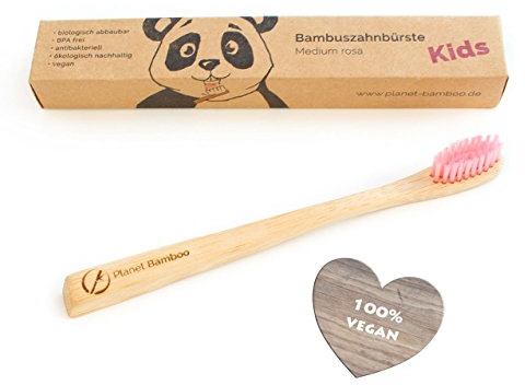 ♻ Planet Bamboo ♻ Bambus Zahnbürste für Kinder (Rosa | Medium-Soft), schmaler Griff für Kinderhände, geschmackvolle Panda Verpackung, biologisch abbaubare Holzzahnbürste (bamboo toothbrush)