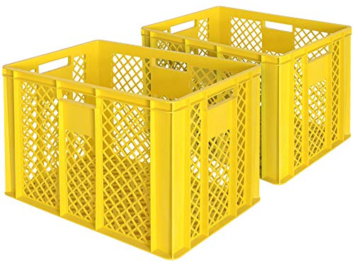 BRB 2x Eurobehälter/Bäckerkiste, LxBxH 600x400x410 mm, lebensmittelecht, Boden und Wände durchbrochen (gelb)