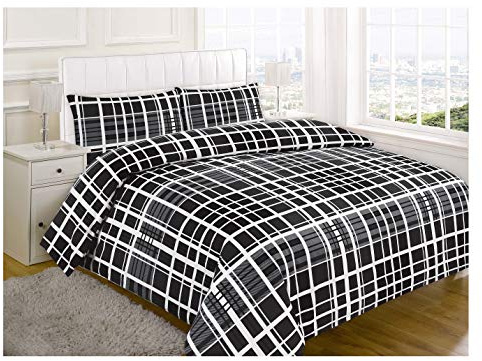100% Brushed Cotton Black Check Design Flannelette Duvet Cover Quilt Winter Bedding Bed Sets with Pillowcases - King Size, Black
