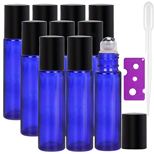 Alledomain 10 Pcs, 10 Ml Essential Oils Roller Bottles, Refillable Cobalt Blue Glass Roll on Bottles with Black Caps & Stainless Steel Balls, Includes 1 Opener & 1 Dropper