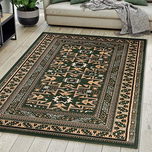 Carpeto Teppich Flur 140x200cm Grün Klassisch Traditionell Weich Kurzflor | Teppich für Eingangsbereich Küche Büro Wohnzimmer Schlafzimmer Pflegeleicht Fußbodenheizungsgeeignet Synthetisch Elegant