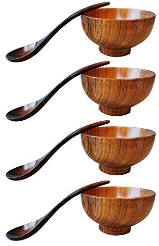 ZEARE Holzschale, japanischer Stil, Massivholz, Serviergeschirr für Reis, Suppe, Dip, Kaffee, Tee, Dekoration, 4 Stück (4 Schalen + 4 Löffel)