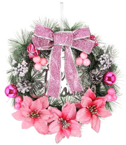 SUPVOX 30cm Pink Christmas Wreath with Berries, Poinsettia & Bow, Front Door Hanging Decor for Home, Wall, Window - Festive Holiday Party Decoration