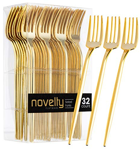 Novelty Modern Flatware, Cutlery, Disposable Plastic Salad forks Luxury Gold 32 Count