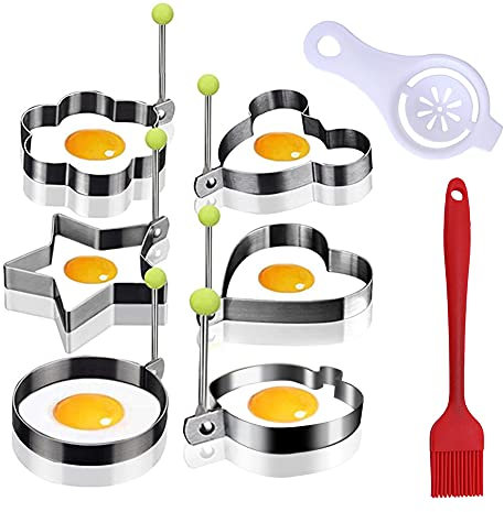 Stampo per Frittata in Acciaio Inossidabile da 8 Pezzi con Manico, Anello per Uova, 6 Diverse Forme di Stampo, Separatore di Albume, Pennello per Olio di Silicone, Utensili da Cucina per Friggere