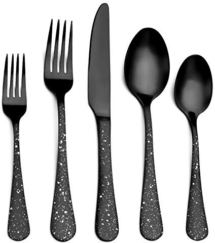 O.C.E. Matte Black Silverware Set, Stainless Steel Flatware Set, 20-Piece Tableware Cutlery Set Service for 4, Satin Finish Tableware Utensils Set, Dishwasher Safe (Starry White)