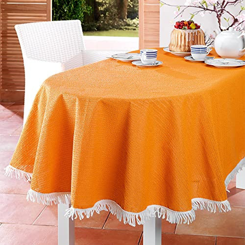 EMHELLE Gartentischdecke Garten Balkon Terrasse Tischdecke Camping Picknick Rund Oval Eckig Außen und Innenbereich Rutschhemmende Oberfläche mit weißen Fransen (150 x 210 cm Oval, Orange)