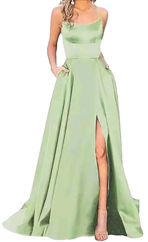 HAHAEMMA Vestido largo para mujer, elegante, con bolsillos, de satén, línea A, sin espalda, vestido de noche, vestido de noche, sexy, espagueti, vestido de novia, vestido largo de princesa de dama de