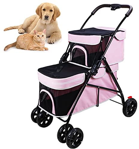 PJDDP 2 Etagen Hundewagen Haustiere Buggy Hundebuggy Hundebox Transporttasche Katzenbuggy Katzenwagen Haustier Kinderwagen Mit Netzfenstern Für 2 Kleine Hunde Katzen Mit 4 Rädern,Rosa