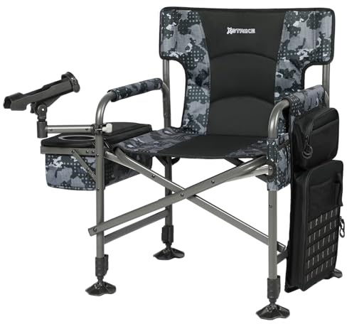 X Strike Fishing Chairs with Rod Holder, Folding Ice Fishing Chair for Adults Outdoor Camping Chair Leg Adjustable with Cooler Bag and Storage Bag for Ice Fishing, Camp, Lawn, Patio, Garden