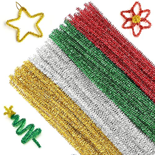 G2PLUS Glitter Pipe Cleaners in 4 Colors, 100PCS Sparkly Pipe Cleaners for Craft, 30CM Christmas Pipe Cleaners, 6mm Glitter Craft Pipe Cleaners for DIY Craft Projects, Christmas Ornament Making