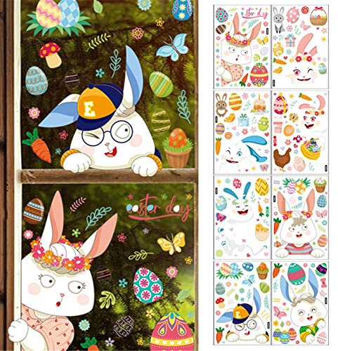 Fensterbilder Ostern Selbstklebend Fenstersticker Ostern Wiederverwendbar Fensterdeko Frühling Kinder Fensterbilder Osterdeko mit Osterhase Ostereier Osterküken, Fenster Aufkleber für (D, One Size)