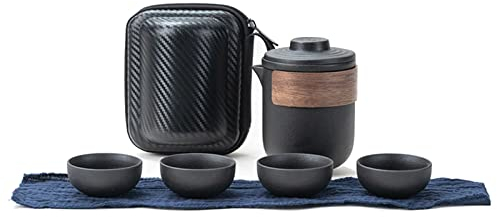 SPYMINNPOO Portable Travel Tea Set, Mini Ceramic Teapot Infuser Set for Outdoor with Storage Bag (Black Pot with 4 Cups)