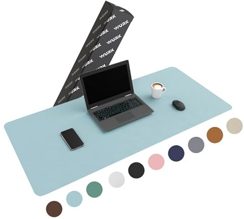 WURK Schreibtischunterlage [120 cm x 60 cm] - Premium Qualität - Mauspad - Große Schreibunterlage - Mauspad XXL - Rutschfeste Unterlagenmatte - Desk Mat - PU Leder Inklusive Kabelclip (Hellblau)