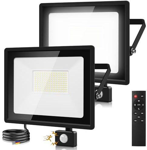 Ankishi Security Lights Outdoor Motion Sensor 100W, 2 Pack PIR Light Daylight White, IP66 With Remote Control [Farthest Control Distance: 49.21ft] Flood Light